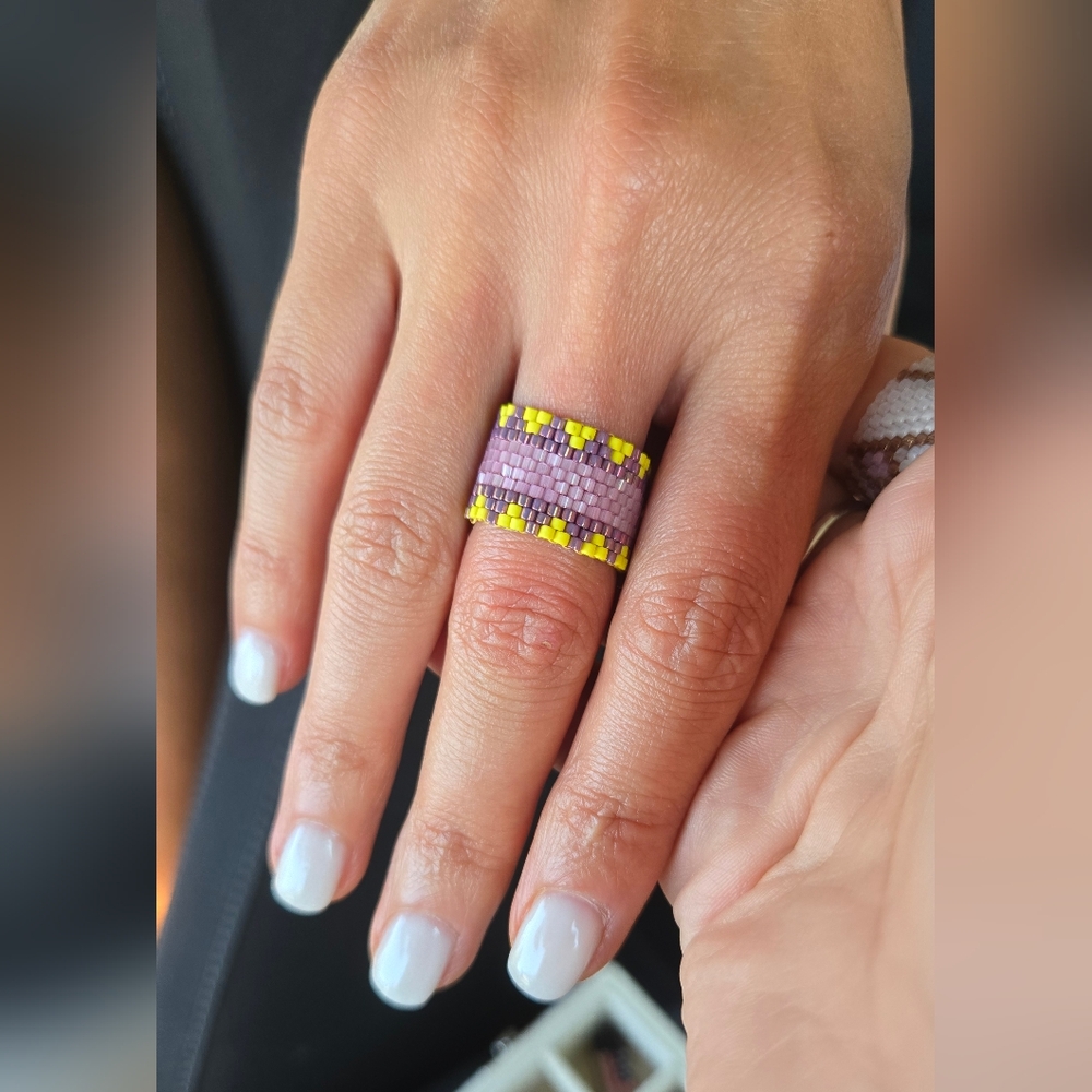 Handcrafted Purple and Yellow Beaded Ring